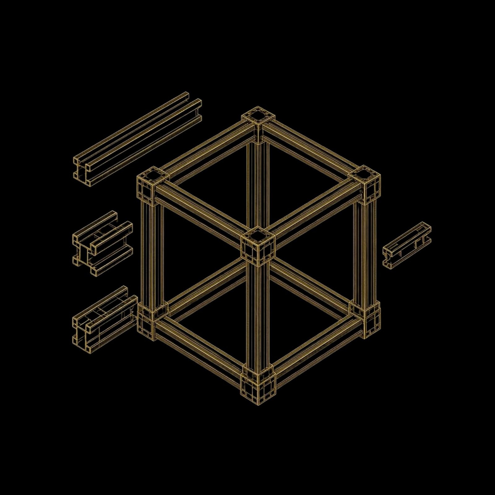 Blueprint técnico FrameCore — configurador de perfiles de aluminio Profilex